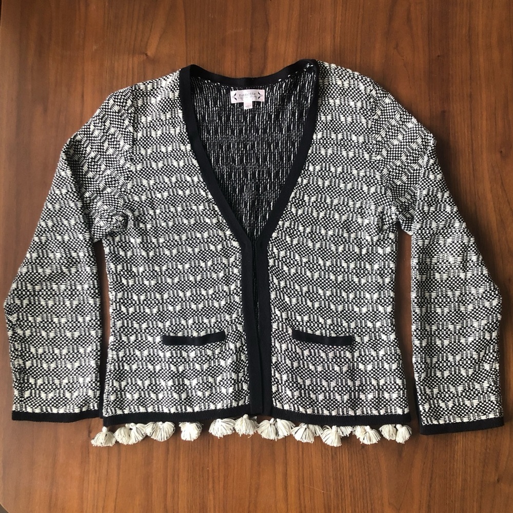 Nanette Lepore Woven Cotton Cardigan with Cute Fringe Detail Size L Ladies